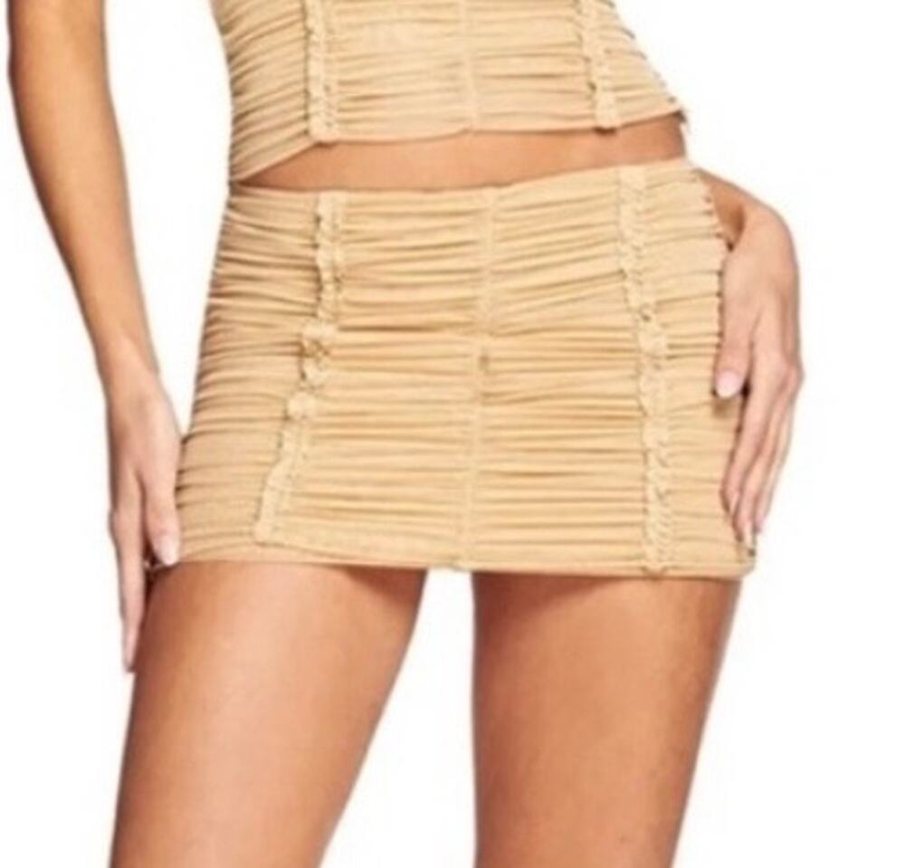 I.AM.GIA Parton Mini Skirt Ruffle Stretchy Medium Tan Short Fitted Body Con